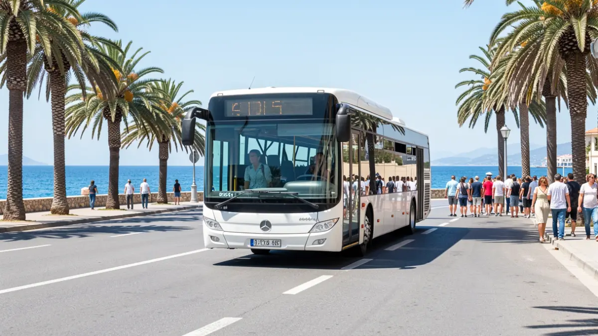 Imatge genèrica d'un autobús urbà circulant per una zona costanera durant l'estiu.