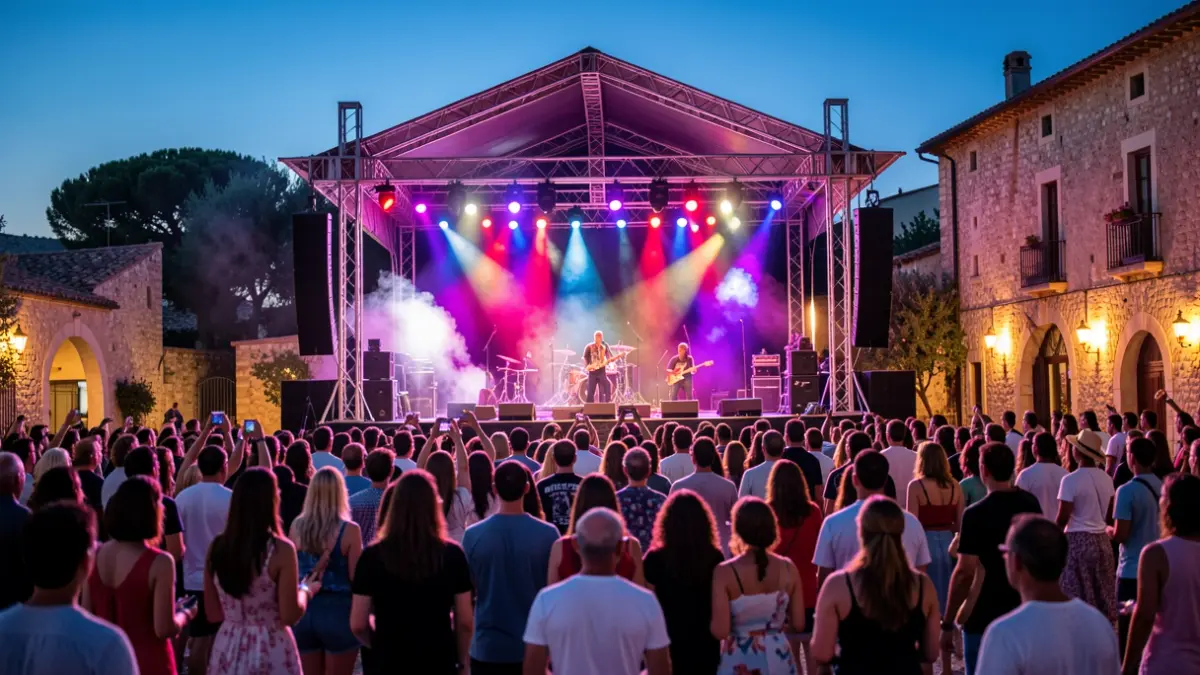 Generic image of a music festival stage at dusk, with lights and crowd in the background.