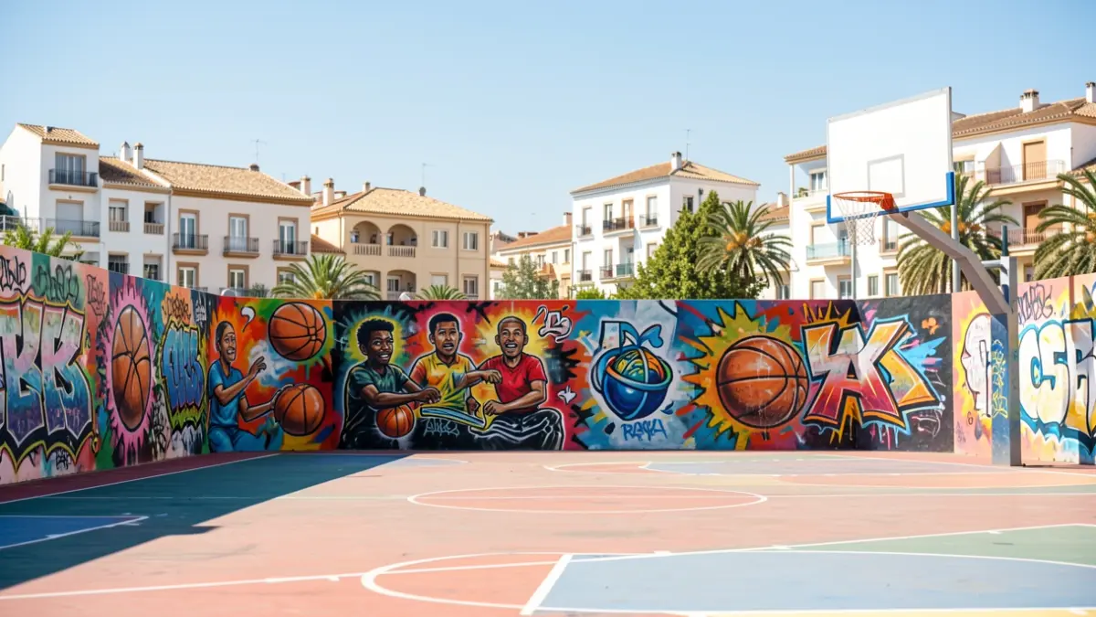 Pista de baloncesto renovada con arte urbano en el barrio de Nou Alacant, Alicante.