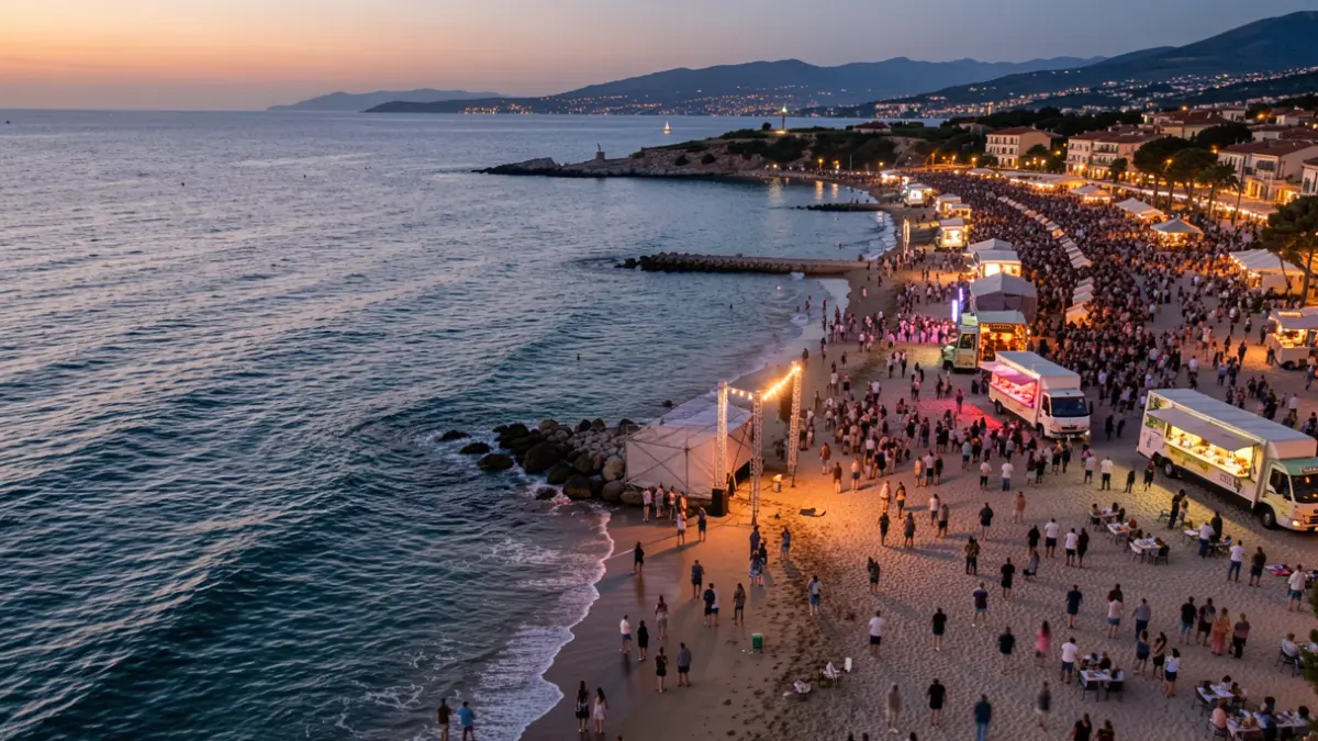 Imatge genèrica d'un festival a la platja amb escenari i food trucks.