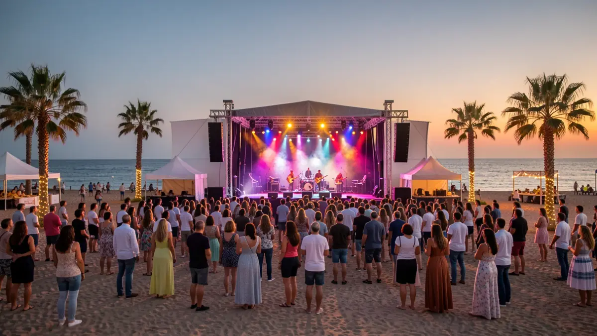 Generic image of a music festival on the beach at dusk.