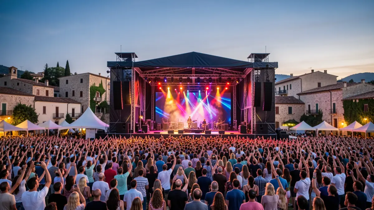 Imatge genèrica d'un festival de música a l'aire lliure amb un escenari il·luminat i públic a la distància.