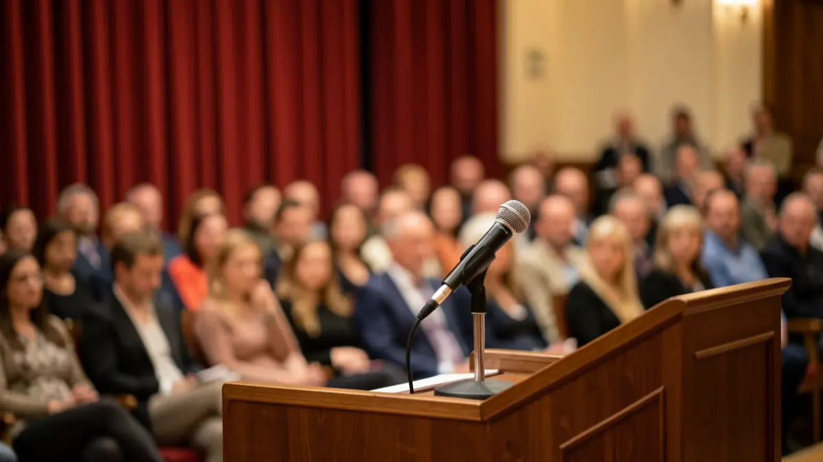 Generic image of a microphone on a podium during a press conference.
