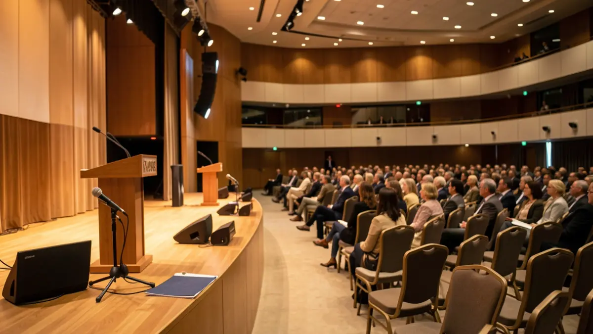 Imatge genèrica d'un auditori modern amb micròfons i cadires.