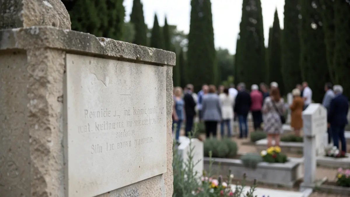 Imatge d'una placa commemorativa en un cementeri, amb vegetació mediterrània desenfocada al fons.