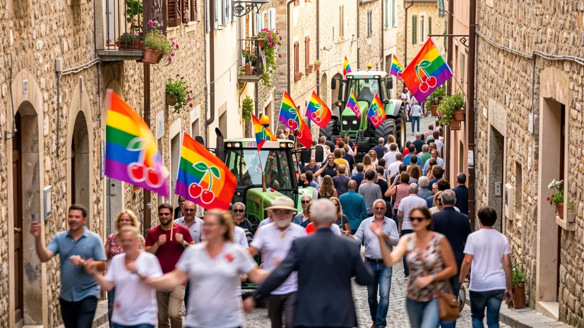 Generic image of a festive parade with rainbow flags and local cultural elements.