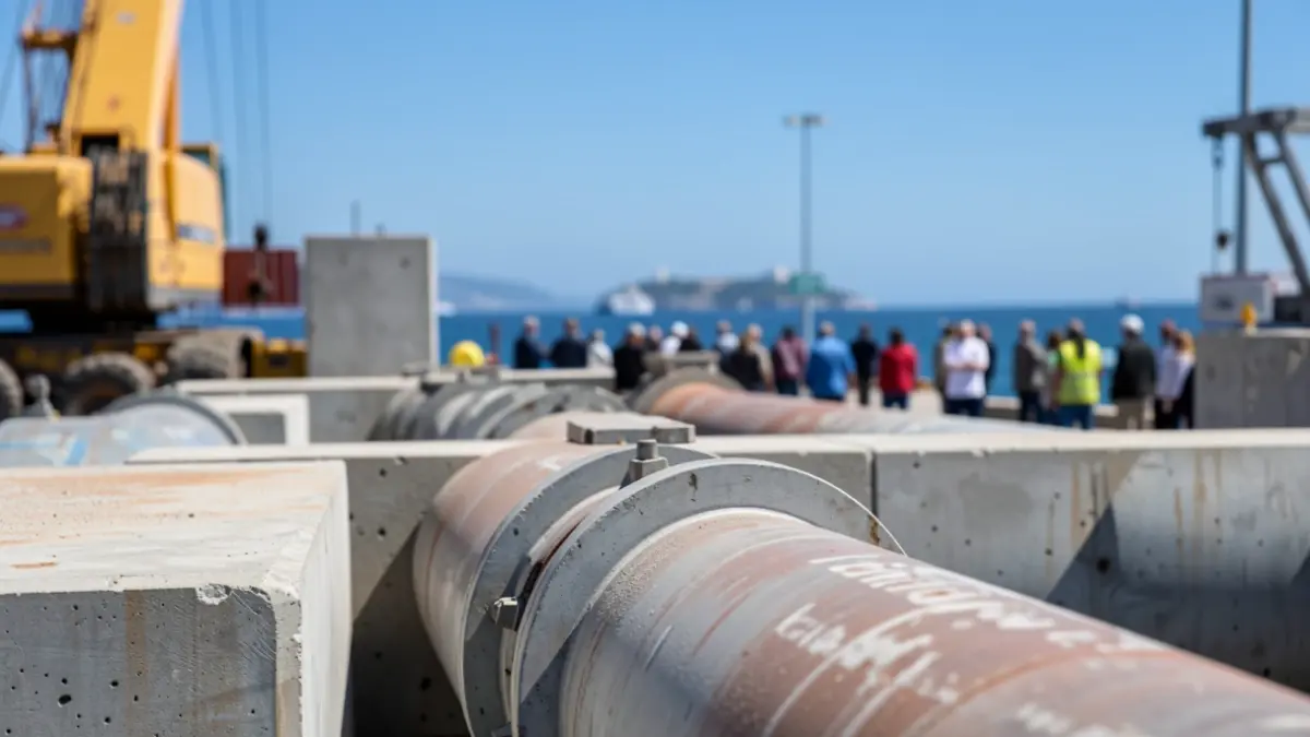 Imatge genèrica de canonades de construcció i estructures de formigó en un port amb el mar Mediterrani al fons.