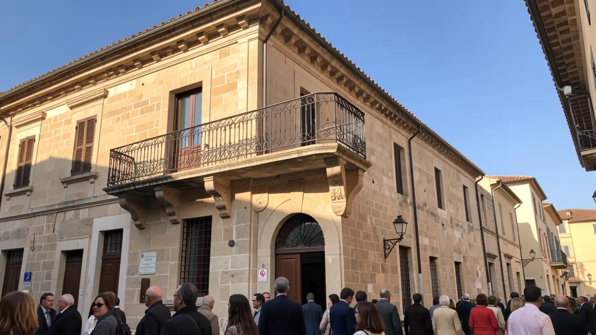 Generic image of a municipal building with a balcony and blue sky.