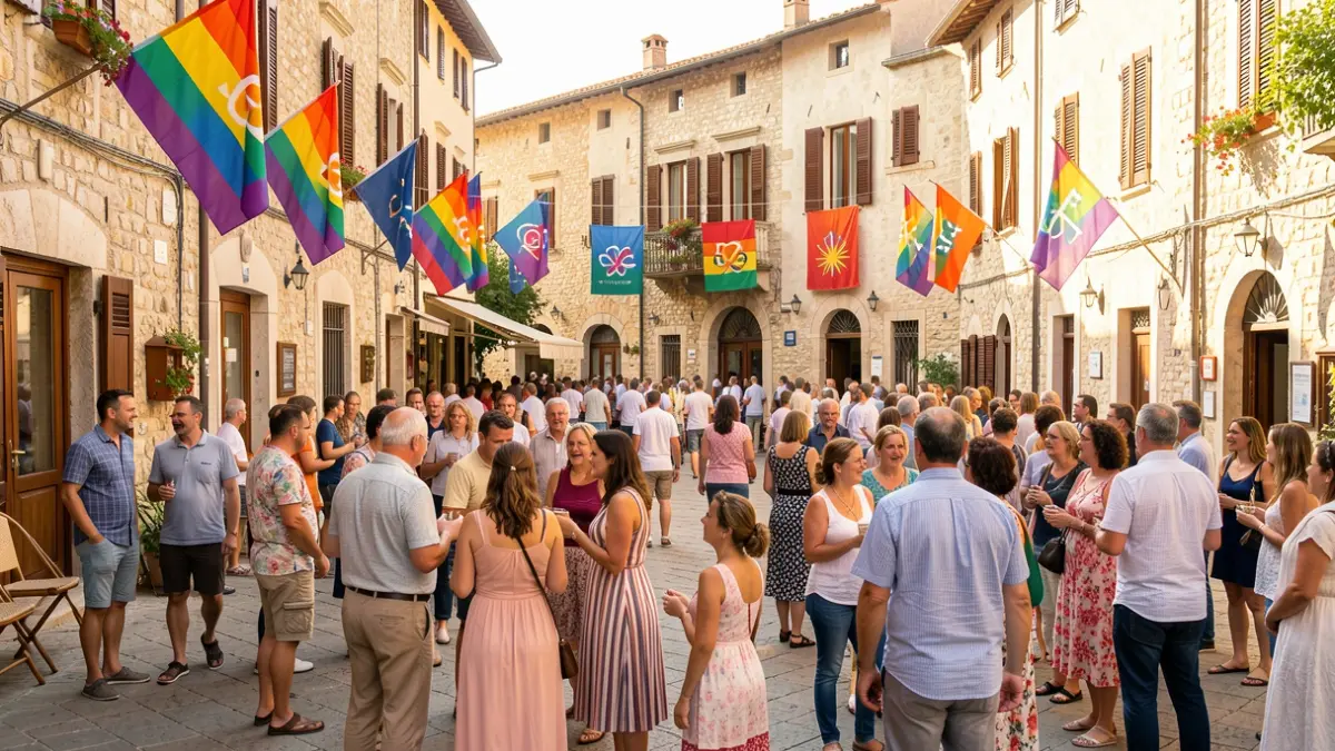 Imagen genérica de una celebración del Orgullo LGTBIQ+ en un entorno urbano mediterráneo.