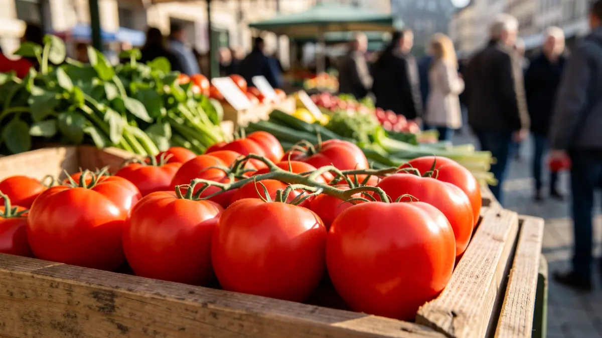 Imatge genèrica de tomates acabades de collir en un mercat.