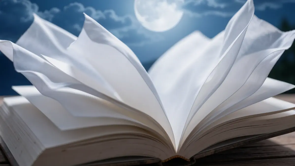 Detall d'un llibre obert amb pàgines que semblen llençols blancs dansant sota la lluna.