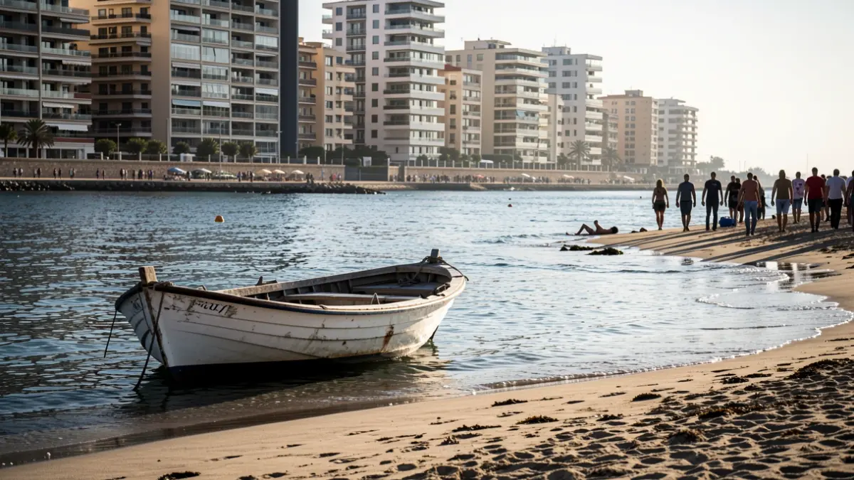 Generic image of a dinghy arriving on a Mediterranean beach with buildings in the background.