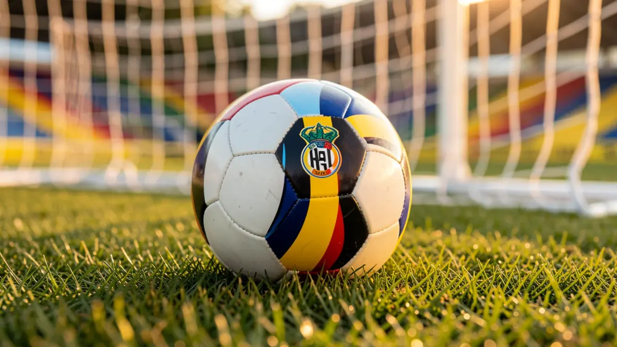 Generic image of a soccer ball on grass with the goal net blurred in the background.