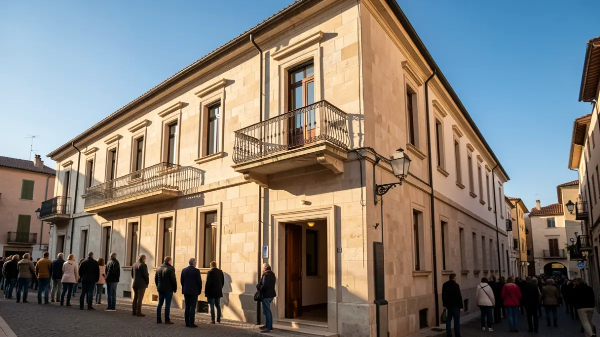 Imatge genèrica d'un edifici judicial amb balcó i baranes de ferro, il·luminat pel sol de la vesprada.