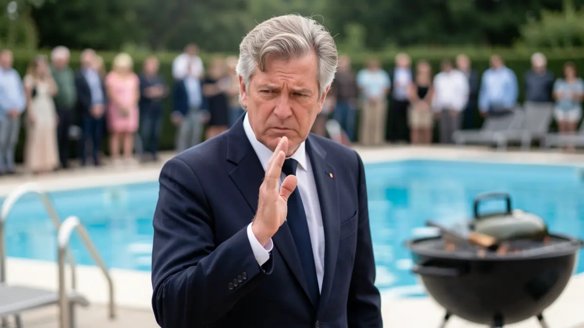 Imatge genèrica d'un polític fent un gest irònic amb una piscina i una barbacoa al fons.