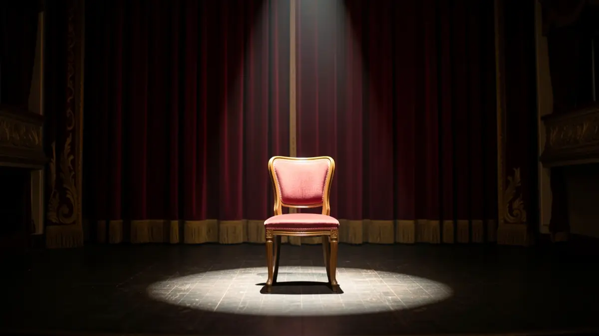 Generic image of an empty theater stage with a chair illuminated by a spotlight.
