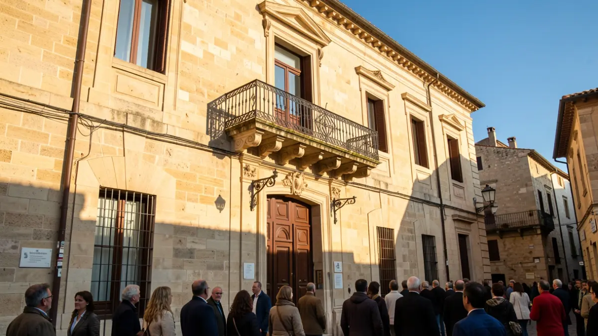 Imagen genérica de la fachada de un ayuntamiento mediterráneo con balcón y barandillas de hierro, luz de tarde cálida y cielo azul.