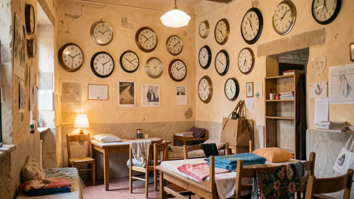 Imagen genérica del interior de un centro de acogida con relojes de diferentes zonas horarias.