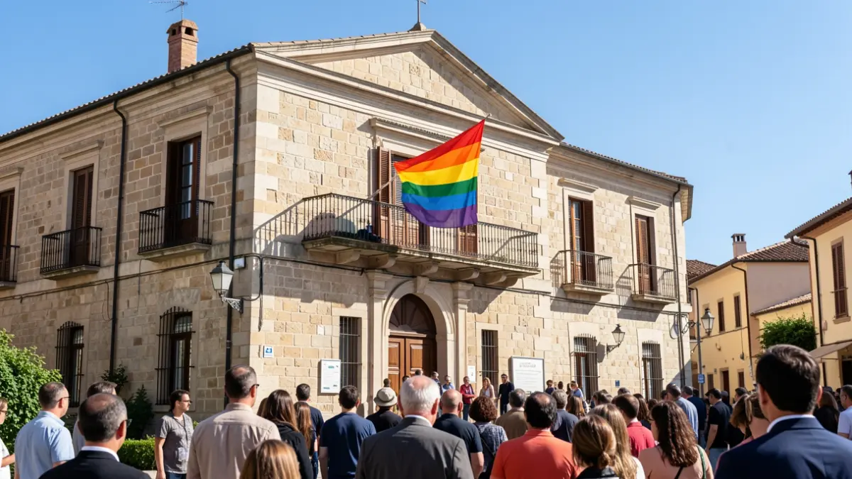 Imatge de l'Ajuntament de Moncofa amb la bandera de l'Orgull LGTBIQ+ hissada al balcó.