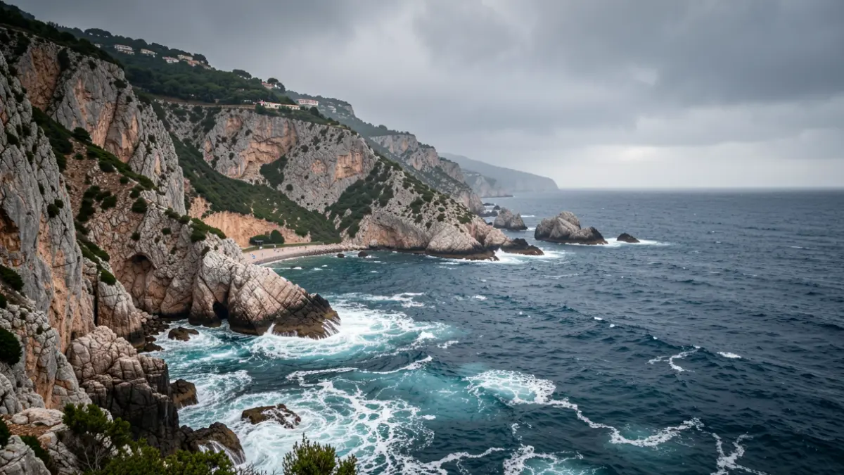 Imagen genérica de costa rocosa con acantilados y mar agitada.
