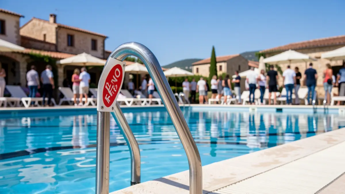 Imagen genérica de una escalera de piscina con un cartel de 'Prohibido el acceso'.