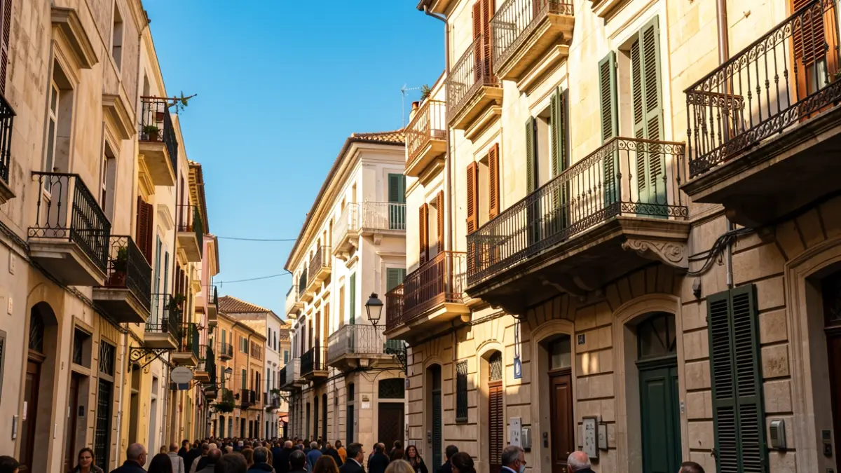 Generic image of Mediterranean town hall facades with balconies and iron railings.