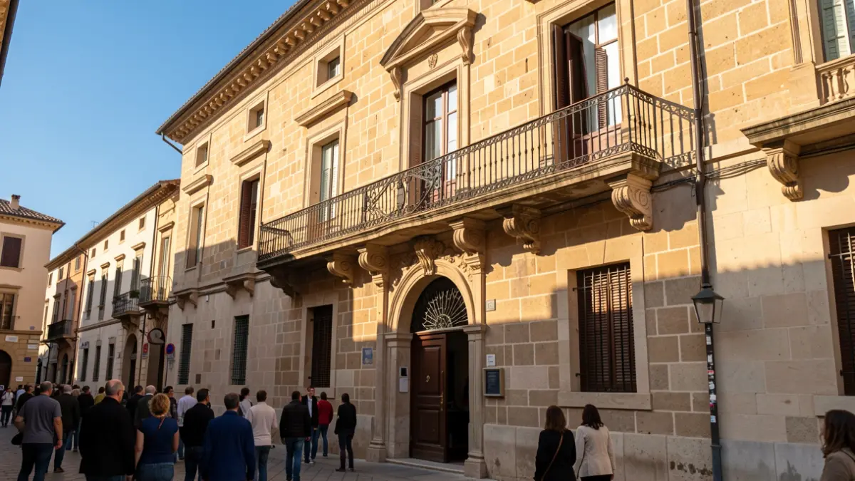 Imatge genèrica de la façana d'un ajuntament mediterrani amb balcó i baranes de ferro, il·luminat per la llum càlida de la vesprada.
