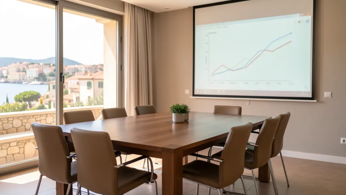 Generic image of a meeting room overlooking a Mediterranean coastal city.