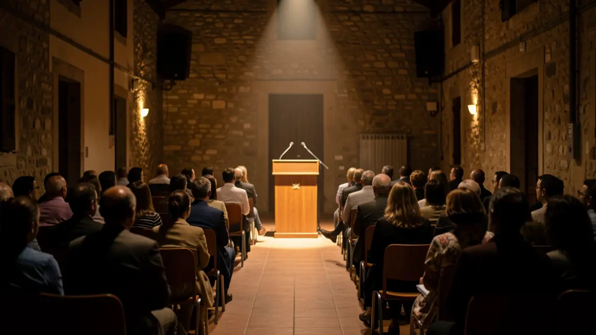 Imagen genérica de un salón de conferencias vacío con un atril y micrófono.