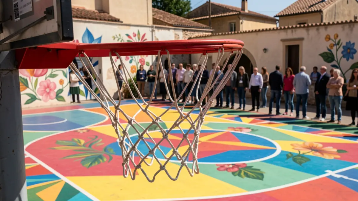 Imatge d'una pista de bàsquet renovada amb art comunitari al barri de Nou Alacant.