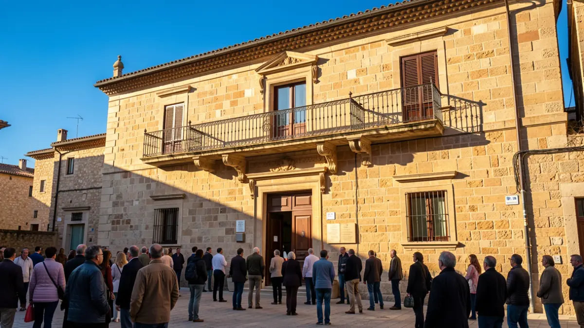 Imatge genèrica de la façana d'un ajuntament mediterrani amb balcó i barandat de ferro, il·luminat per la llum del sol de la vesprada.