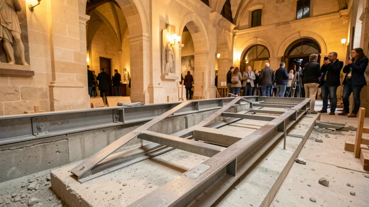 Imatge genèrica d'una rampa d'accés en construcció dins d'un edifici cultural.