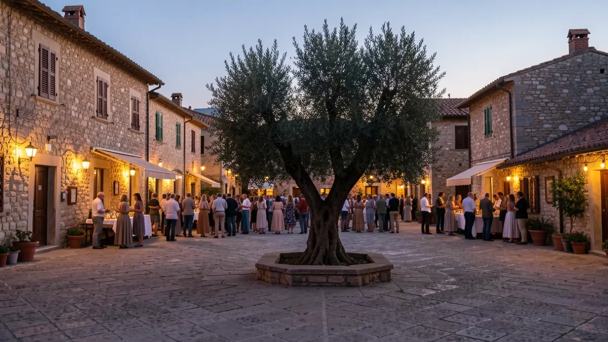 Generic image of a Mediterranean village square at dusk with an olive tree.