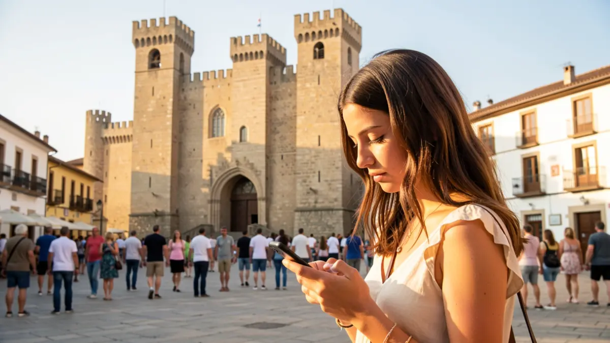 Image of a young woman engrossed in her mobile phone, ignoring the beauty of Onda's Castle and historic old town under the summer sun.