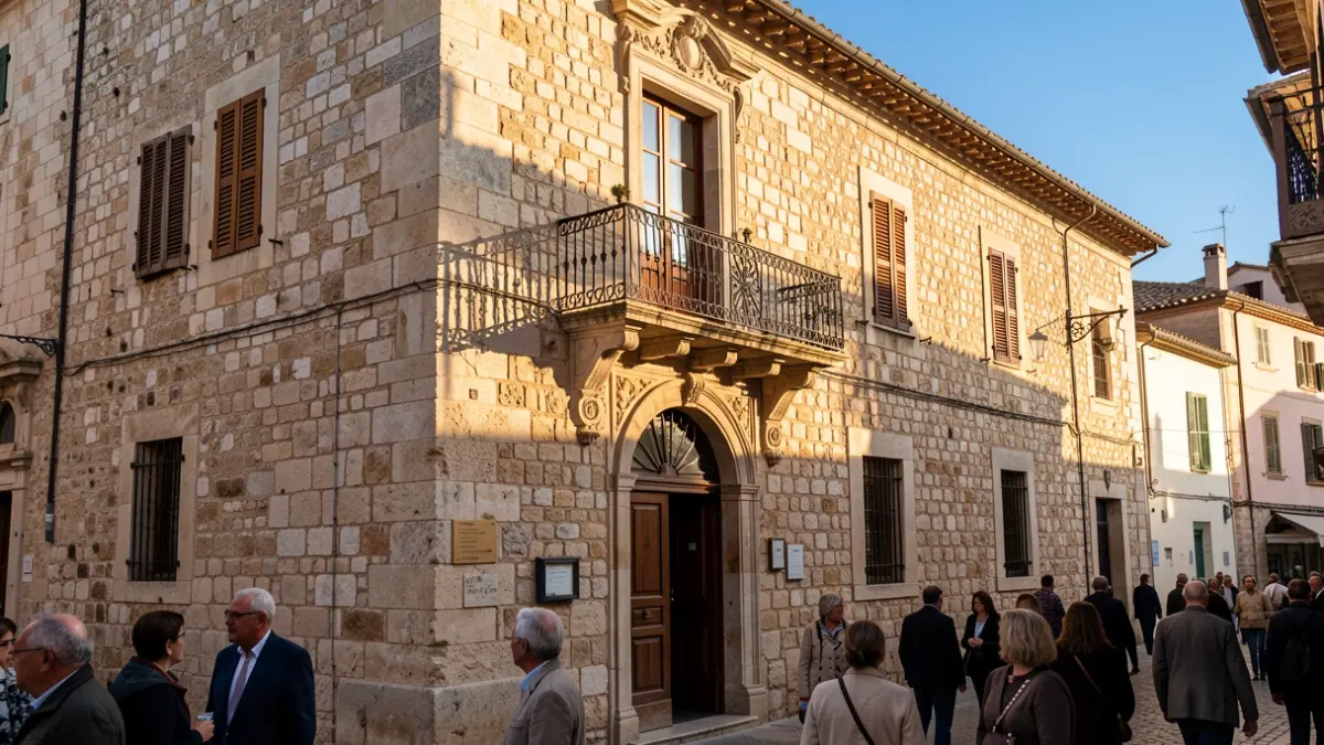 Facade of a traditional stone town hall with an ornate iron balcony and railings, warm afternoon light.