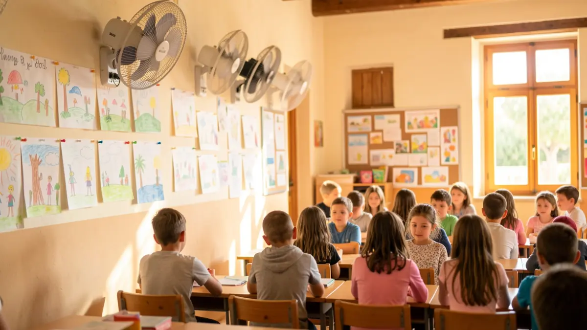 Generic image of a school classroom with installed fans.