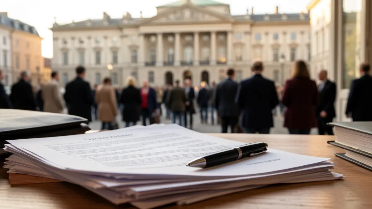 Imatge genèrica d'un escriptori amb documents oficials i un bolígraf.