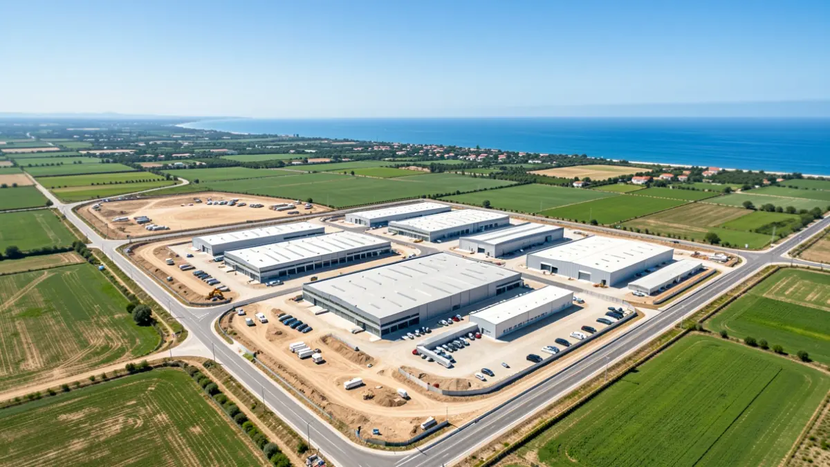Vista aèria d'un gran parc empresarial en construcció en un paisatge mediterrani.
