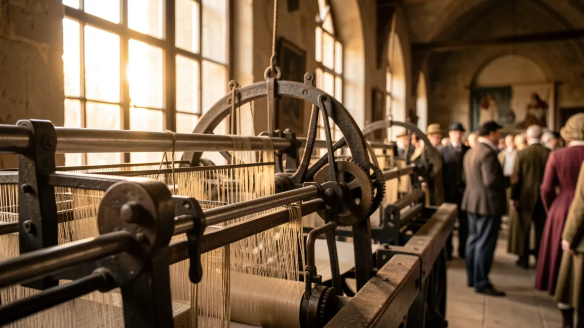 Image of antique machinery related to the silk industry in a historic setting.