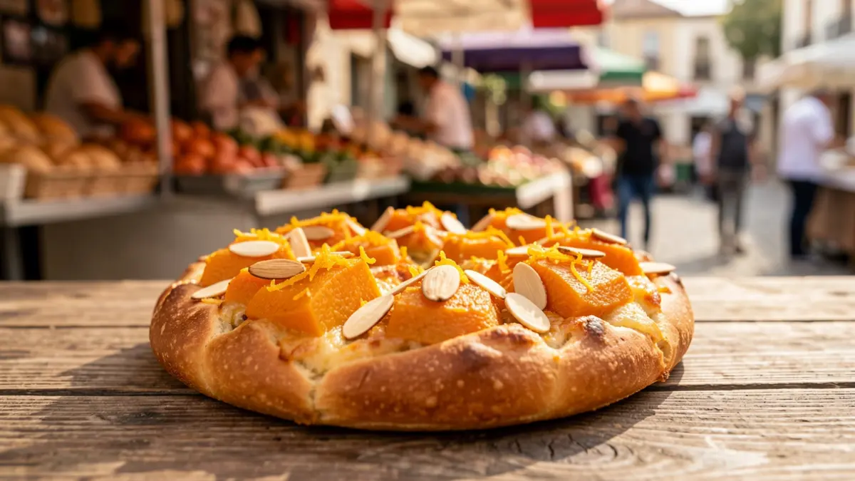 Generic image of a traditional Valencian 'coca' pastry with pumpkin, almond, and orange.