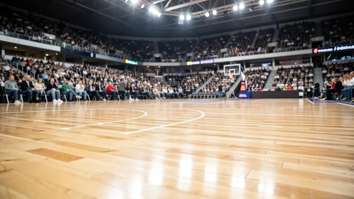 Generic image of an empty basketball arena with bright lighting.