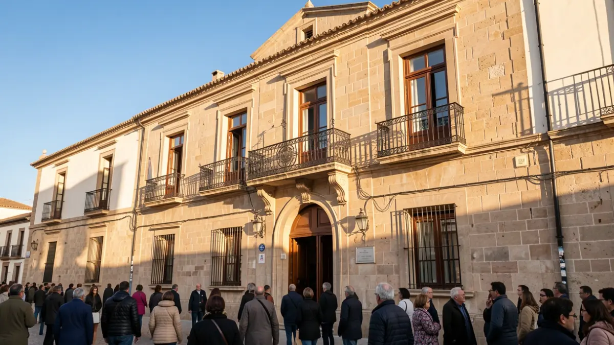 Generic image of a Valencian town hall facade with a balcony and iron railings, illuminated by the afternoon sun.