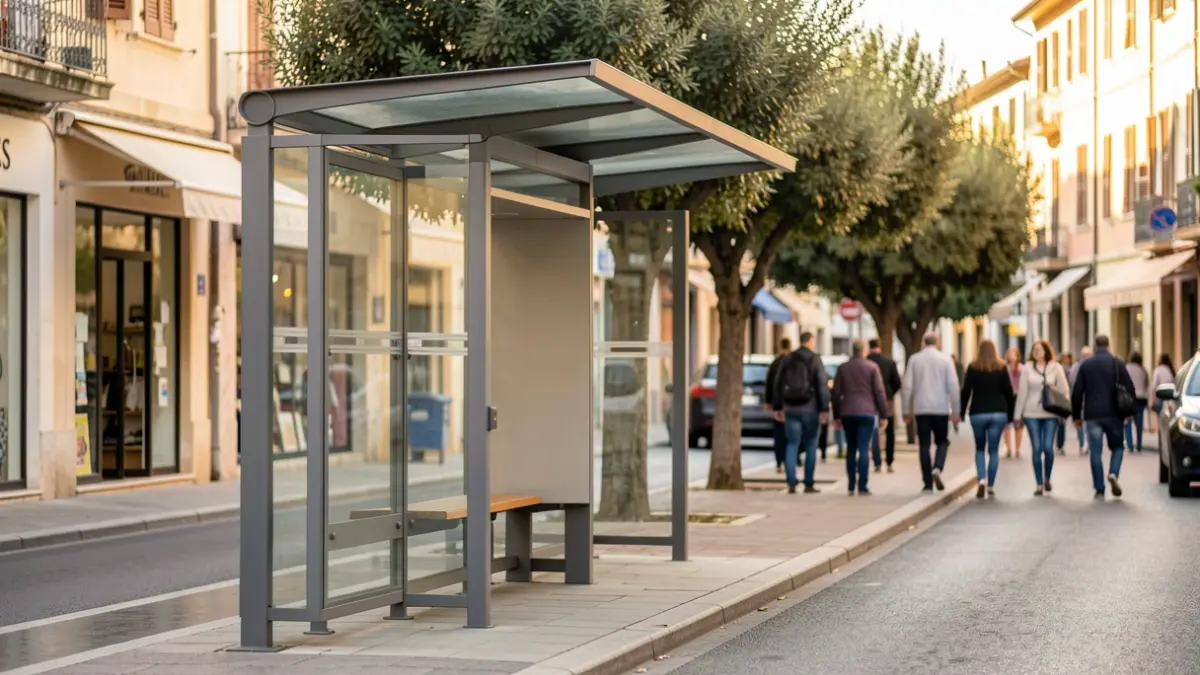 Generic image of an electric bus stop in a Mediterranean urban setting.