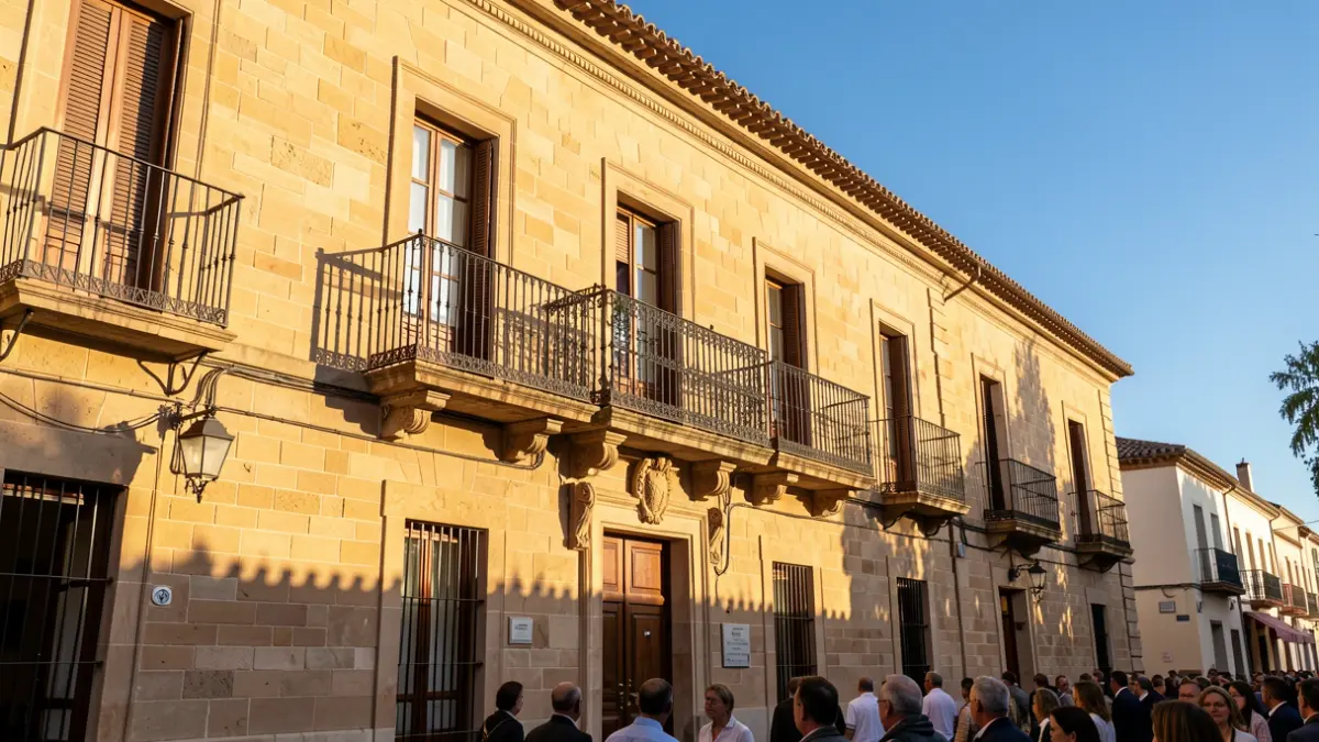 Imagen genérica de la fachada de un ayuntamiento valenciano con balcón y barandillas de hierro, luz de tarde.