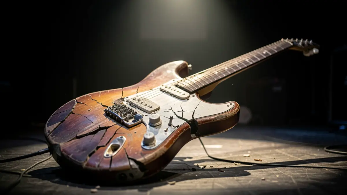 Imatge d'una guitarra elèctrica trencada en un escenari.