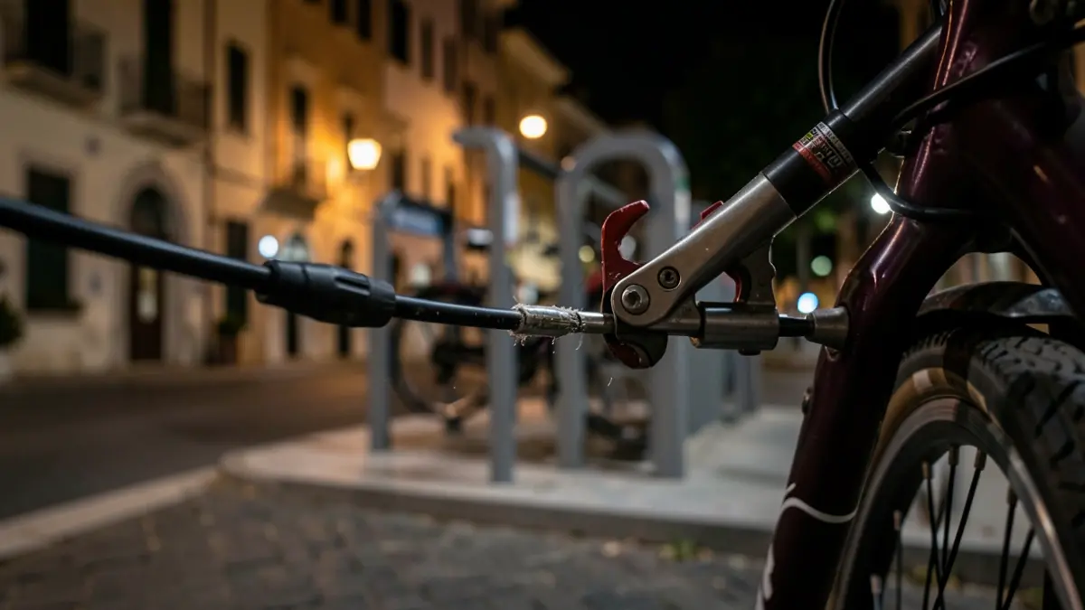 Generic image of cut bicycle brake cables at a public bike station.