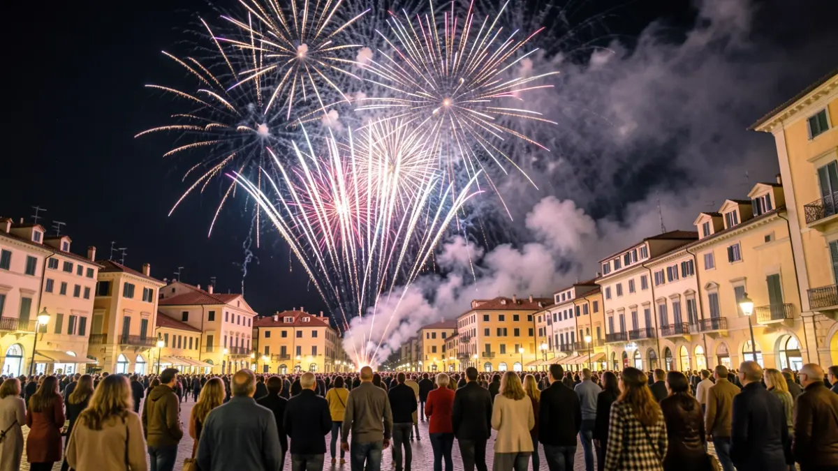 Generic image of a nighttime pyrotechnic display over a city square.