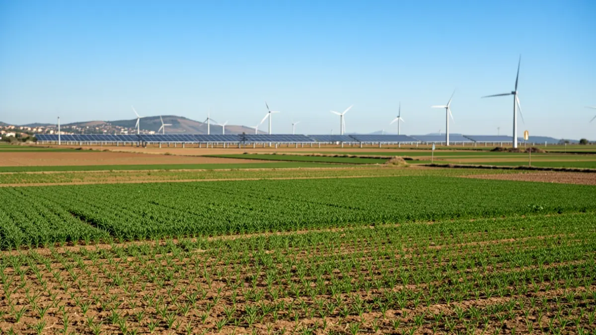 Imatge genèrica de camps agrícoles amb una instal·lació fotovoltaica al fons.
