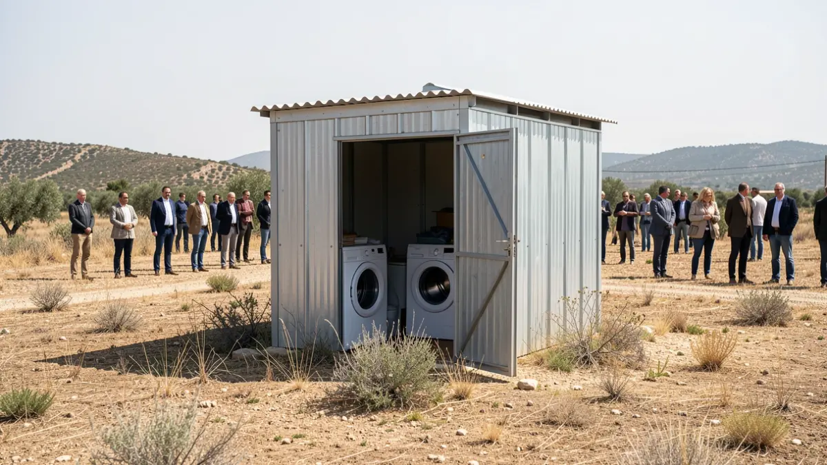 Imagen genérica de una caseta metálica con una máquina de lana en su interior, en un entorno rural.