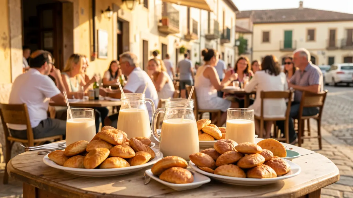 Imagen genérica de una mesa con horchata y fartons en un ambiente mediterráneo.